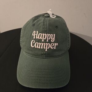 Happy Camper Slideback Hat Green OSFA Adjustable Embroidered Mighty Fine Cotton